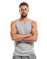 Obraz premium Confident young man in a tank top strikes a strong pose, showcasing fitness and determination against a white backdrop.
