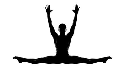 Fototapeta premium Silhouette of a man in a split with arms raised against a white background in a dramatic pose