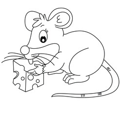 Cute cartoon hand drawn vector rat eating cheese outline.