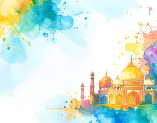 Obraz premium Vibrant Watercolor Painting of Golden Palace with Colorful Splashes