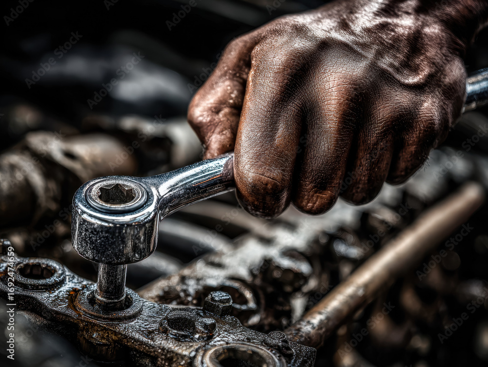 Poster close-up of a manual worker tightening a mechanical component with a wrench