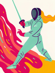 fencing athlete in protective gear lunging with sword, dynamic martial arts action
