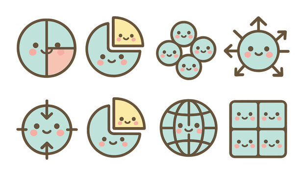 Cute charts flat icon set. featuring pie chart, bar graph, scatter plot, radar chart, and world map symbols.
