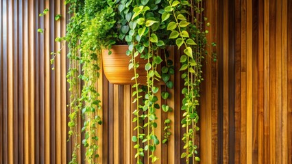 Obraz premium Lush Green Hanging Plants Adorn a Warm Wooden Wall, Creating a Serene and Tranquil Indoor Oasis