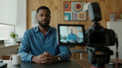 Man recording a video call in a modern home office setup