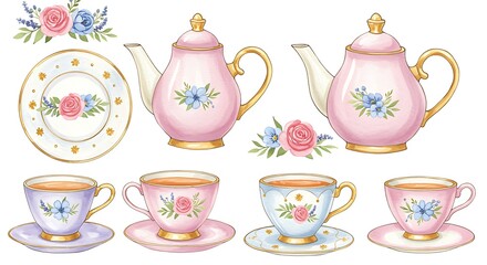 Elegant vintage tea set with floral decorations and delicate cups and saucers