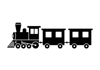 Illustration of a steam train with two passenger cars in black silhouette on a white background image style
