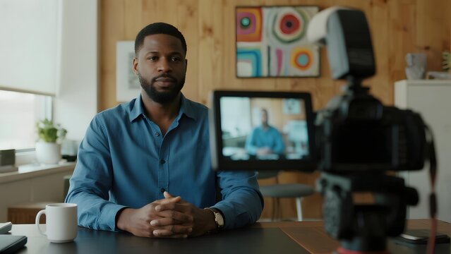 Man recording a video call in a modern home office setup