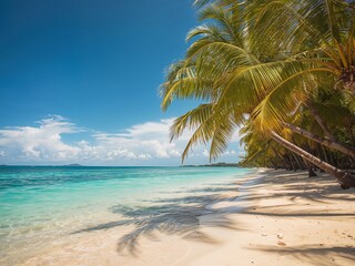 Fototapeta premium Serene Shoreline. A Blend of Turquoise Waters, Golden Sand, and Lush Greenery.