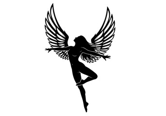 Naklejka premium Silhouette of a woman with wings outstretched in a dynamic pose against a white background showing freedom