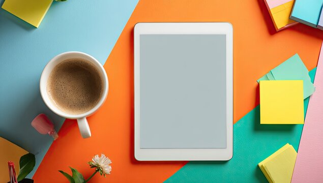 A white tablet computer sits atop a colorful background, surrounded by sticky notes, a coffee cup, and a small flower - Powered by Adobe