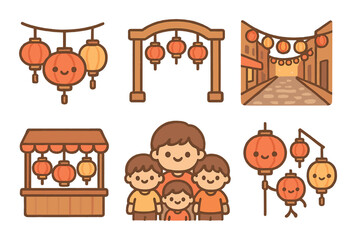 Festival celebration flat icons set. featuring lanterns, family, market stall, street scene.