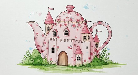 Whimsical pink teapot castle fantasy illustration with greenery