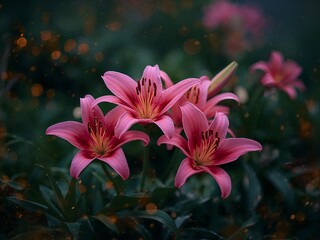 Floral Arrangement with Warm Bokeh, Pink Petals, and Dark Green Foliage.