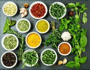Colorful array of spices and herbs on a dark slate background