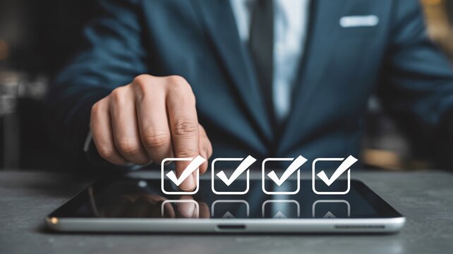 Professional checking off tasks on tablet screen for business success