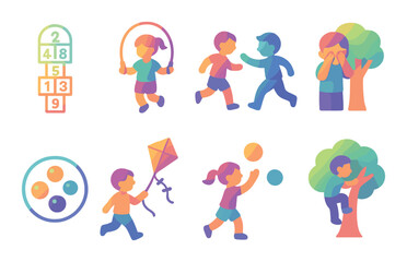 Kids activity neon gradient icon set. featuring hopscotch, skipping rope, running, hiding, and playing ball.