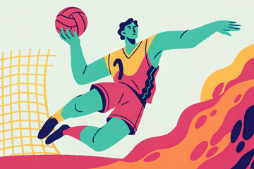 basketball player jumping and throwing ball into hoop, dynamic sports action pose