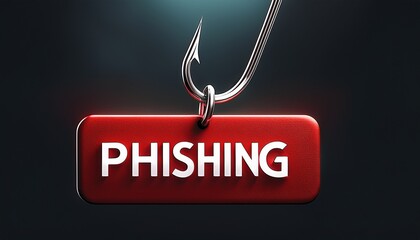 phishing concept with fishing hook above red click here button symbolizing online scam and cyber attack threat in dark background