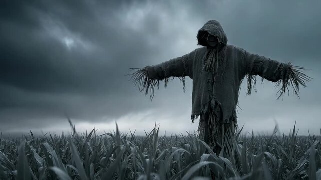 Creepy scarecrow with a hood standing in a dark cornfield during a thunderstorm with dramatic lightning in the background.