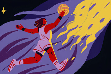 basketball player jumping and throwing ball into hoop, dynamic sports action pose