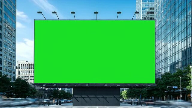 Large outdoor green screen billboard in modern city street with skyscrapers and motion blur, perfect for advertising mockups