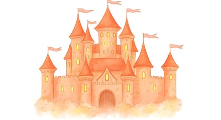 Whimsical watercolor illustration of a fairytale castle with flags and glowing windows