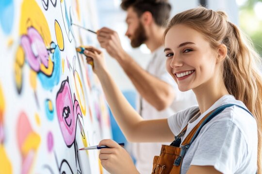 Creative group enjoying collaborative painting workshop indoors with smiling participants