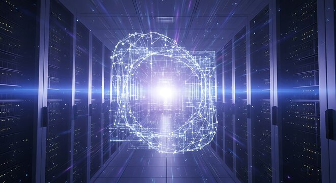 Data center with digital camera icon, representing technology and security.