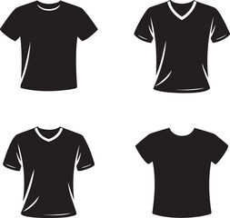 Naklejka premium Black T-Shirt Silhouette Set – Crew Neck, V-Neck, Fitted Styles – Vector Illustration on White Background 
