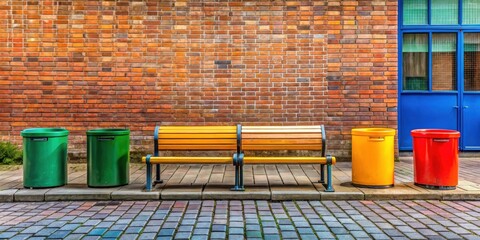 Naklejka premium Vibrant park bench scene with colorful receptacles against a brick wall backdrop