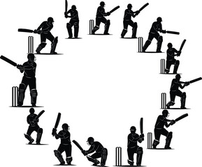 Vector cricket batting poses silhouette set showing multiple players in different stances, helmets, bats, wickets, sports action, training, and competition.