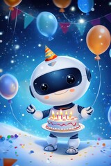 Naklejka premium Cheerful robot holding birthday cake with colorful balloons and confetti on blue background