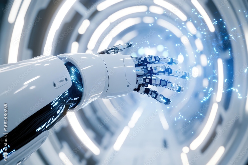 Poster futuristic robotic hand with advanced technology in high-tech environment