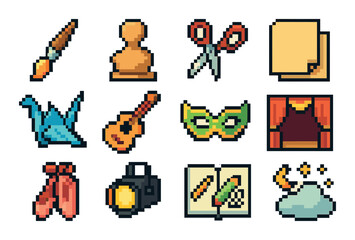 Art and craft pixel icon set. featuring brush, scissors, paper, origami, guitar, mask, stage, ballet, camera, sketchbook, cloud.