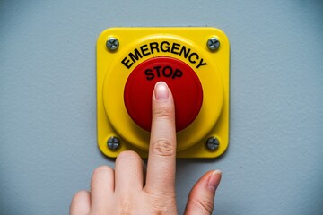 Hand pressing bright red emergency stop button for safety