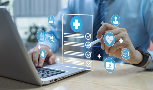 Doctor using virtual screen for medical document verification, connected to healthcare network with digital technology concept, showcasing modern medical innovation and efficient healthcare solutions