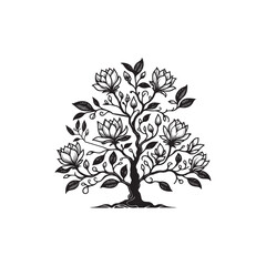 Obraz premium Black Color Magnolia Tree Silhouette Vector Illustration, Solid White Background.