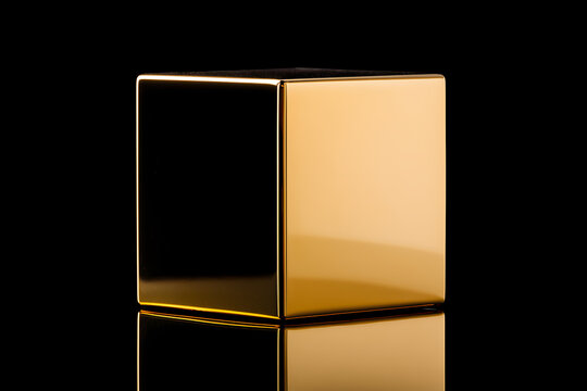 golden cube with super glossy smooth surface of polished gold on black background