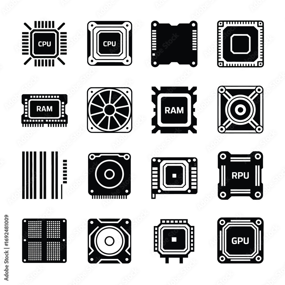 Wall mural Bundle of 12 computer hardware icons representing cpu ram gpu and cooling components silhouette vector illustration white background