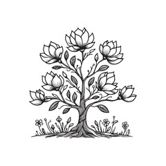 Black Color Magnolia Tree Silhouette Vector Illustration, Solid White Background.