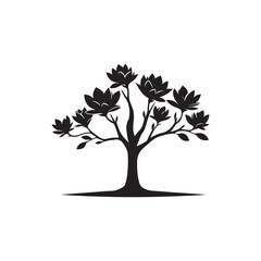Black Color Magnolia Tree Silhouette Vector Illustration, Solid White Background.