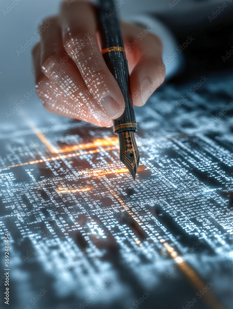 Poster hand holding a classic fountain pen writing on a futuristic digital interface filled with glowing co