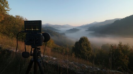 Serene Landscape with Acoustic Recording Device at Sunrise