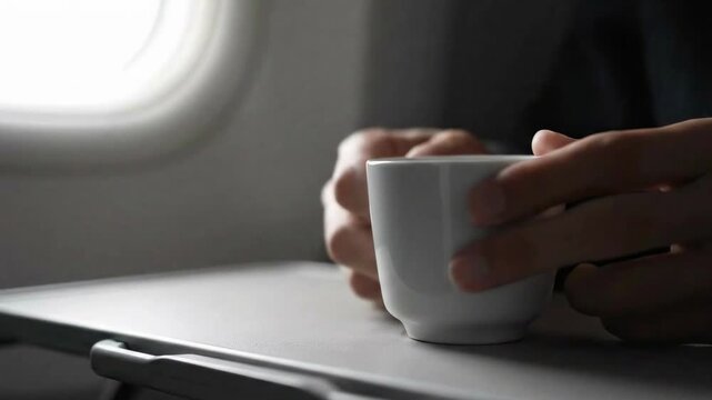 Person holding white coffee cup on airplane tray table  