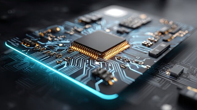Digital Circuit: A macro shot showcases a central processing unit with a complex design and detailed circuitry, exuding the essence of technology. 