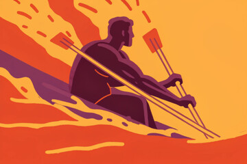rowing athlete paddling with oars in boat, dynamic water sports action