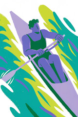 rowing athlete paddling with oars in boat, dynamic water sports action