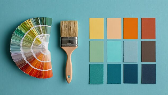 Paint color swatches and brush on a light teal background