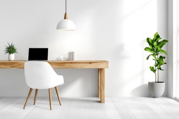 Minimalist home office with wooden desk and modern decor in bright natural lighting